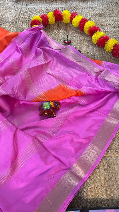 Semi Silk Saree - Orange and Pink bentex