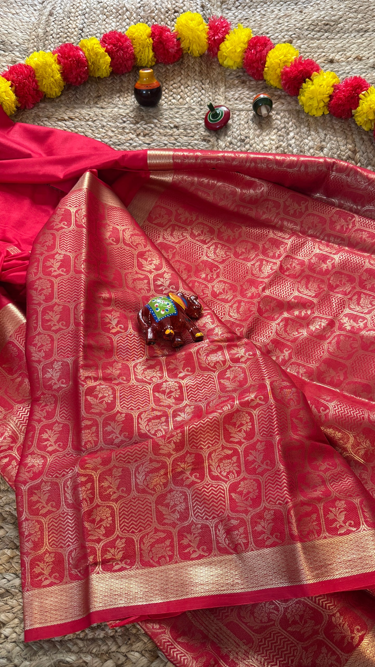 Semi Silk Brocade Half and Half Red