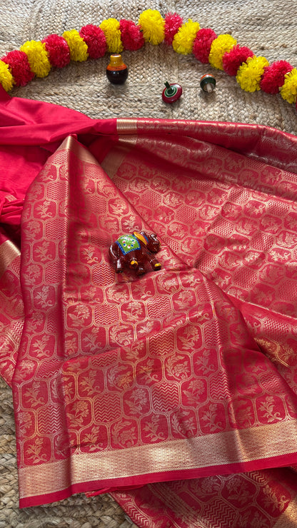 Semi Silk Brocade Half and Half Red