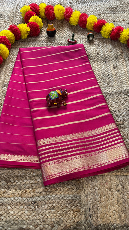 Semi Silk Saree - Solid Pink with lines