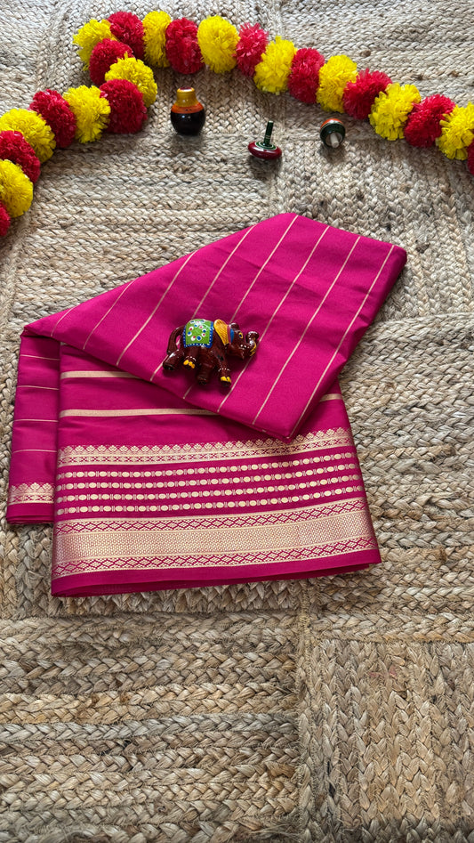 Semi Silk Saree - Solid Pink with lines