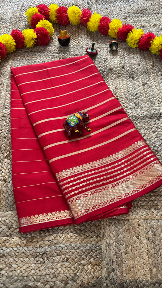 Semi Silk Saree - Solid Red with lines