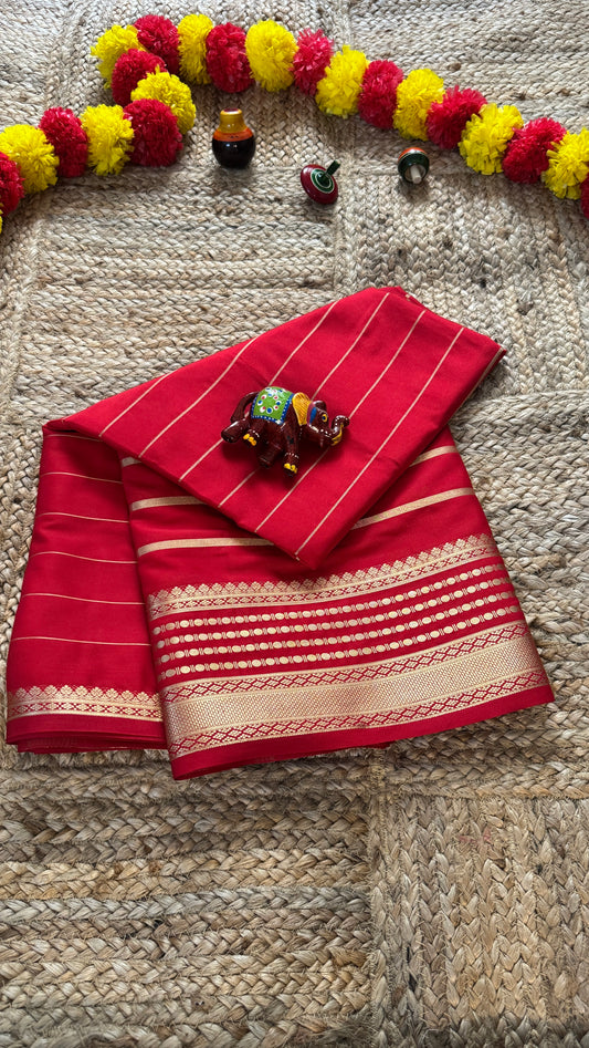 Semi Silk Saree - Solid Red with lines