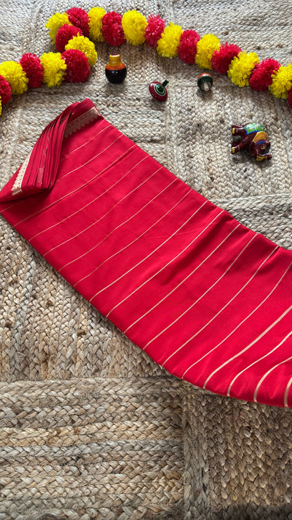 Semi Silk Saree - Solid Red with lines