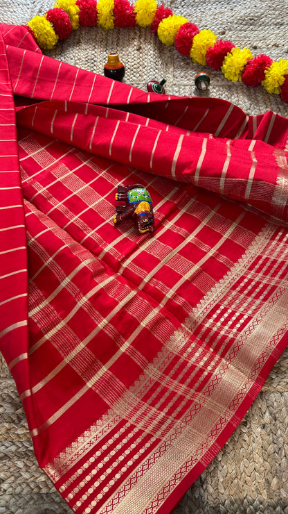 Semi Silk Saree - Solid Red with lines