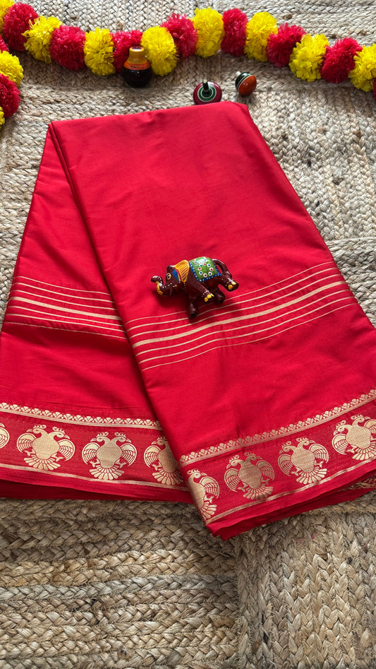 Semi Silk Saree - Solid Red with GandaBerunda Boarder