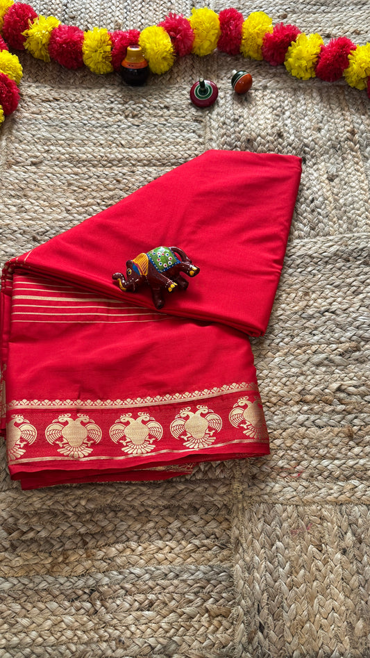 Semi Silk Saree - Solid Red with GandaBerunda Boarder