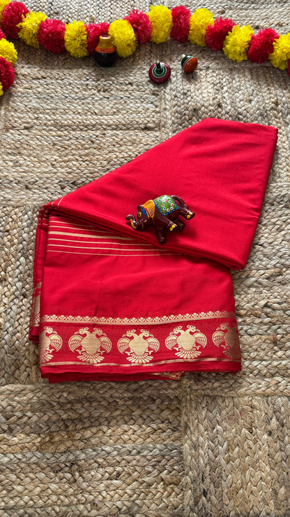 Semi Silk Saree - Solid Red with GandaBerunda Boarder