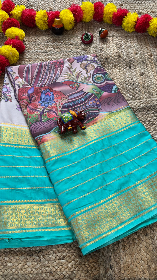 Pastels Digital Printed Saree - Torquise + Mauve new