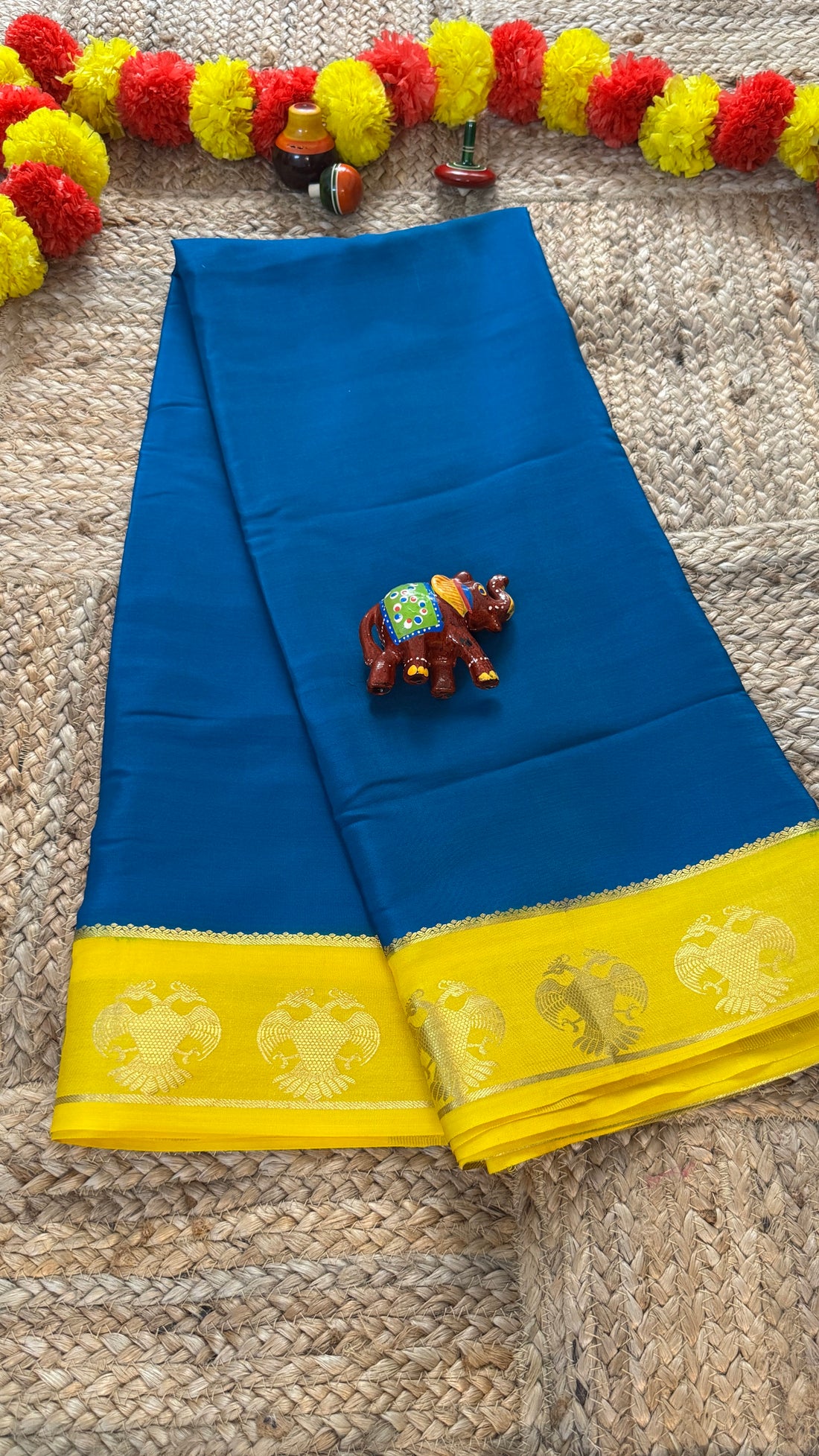 Pure Mysore Silk Saree - GandaBerunda Border Blue Yellow