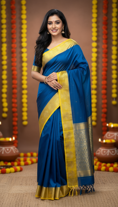 Pure Mysore Silk Saree - GandaBerunda Boarder Blue Yellow