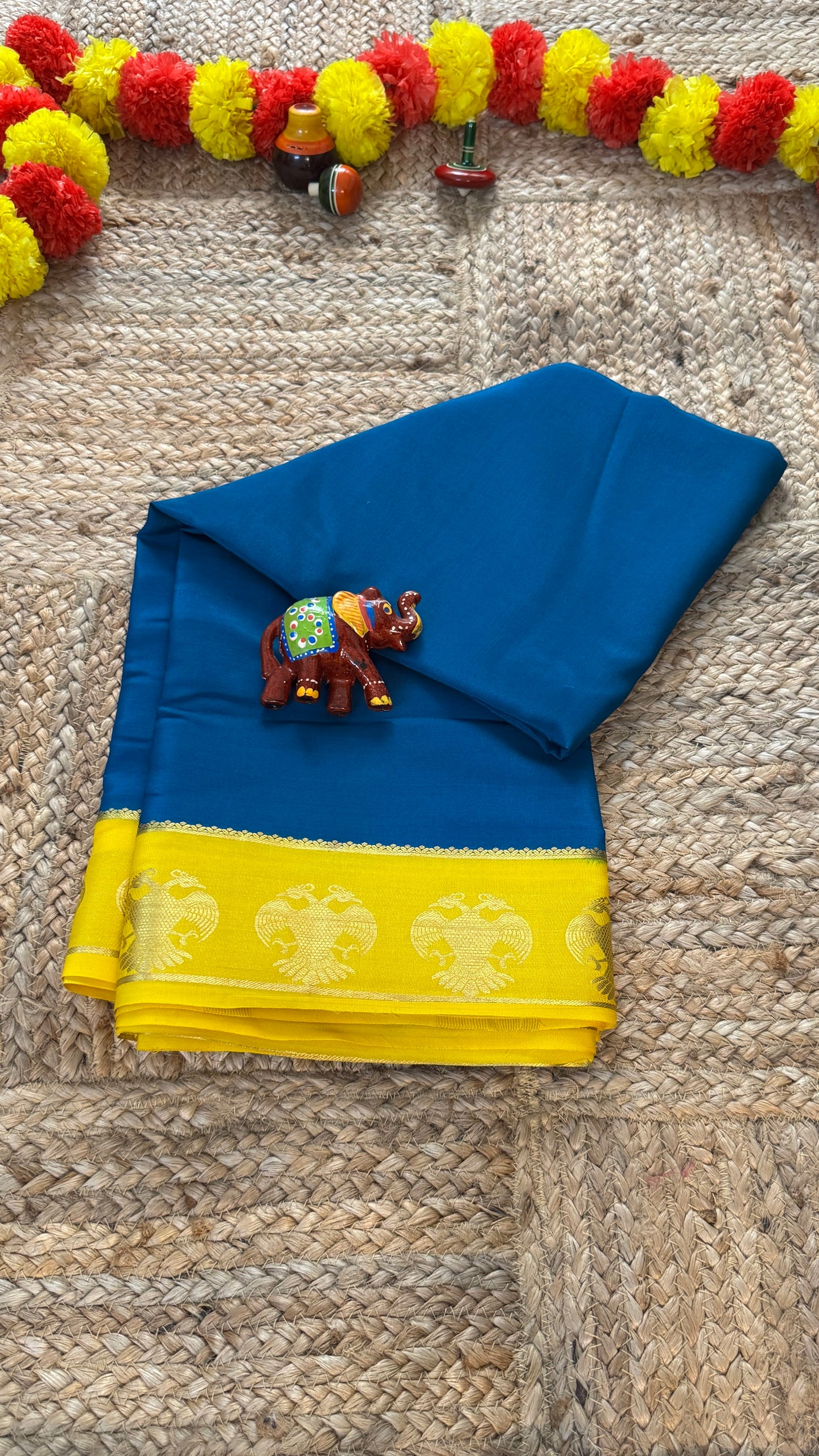 Pure Mysore Silk Saree - GandaBerunda Boarder Blue Yellow