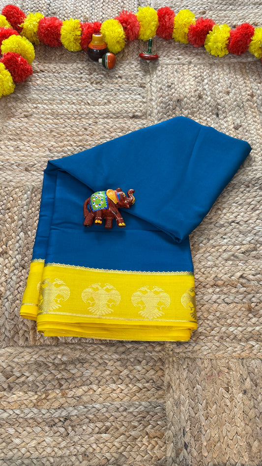 Pure Mysore Silk Saree - GandaBerunda Boarder Blue Yellow
