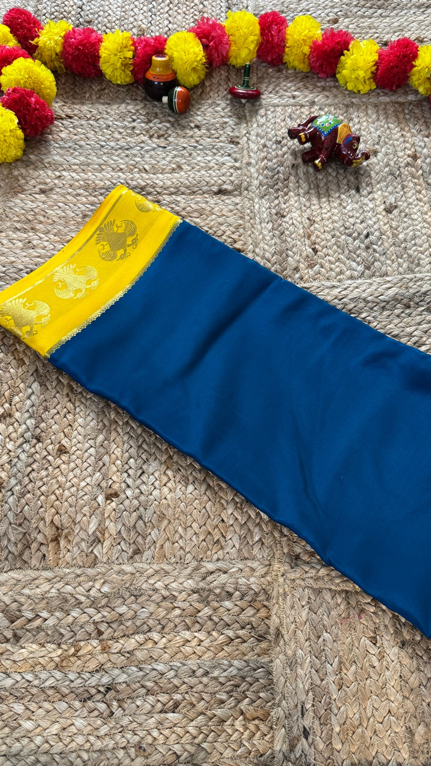 Pure Mysore Silk Saree - GandaBerunda Boarder Blue Yellow