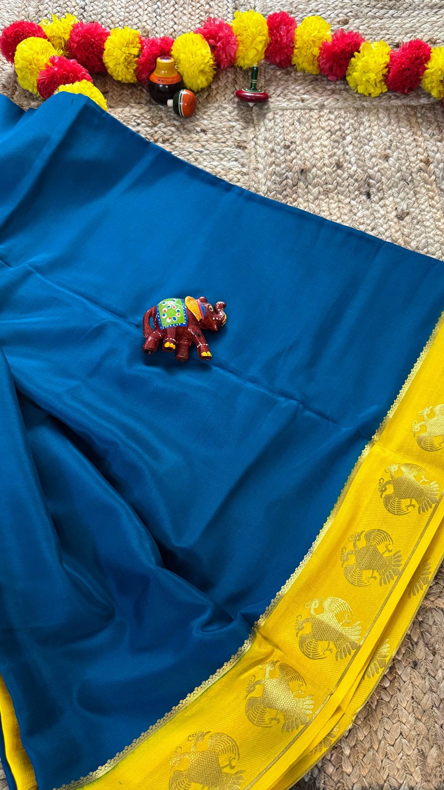 Pure Mysore Silk Saree - GandaBerunda Boarder Blue Yellow
