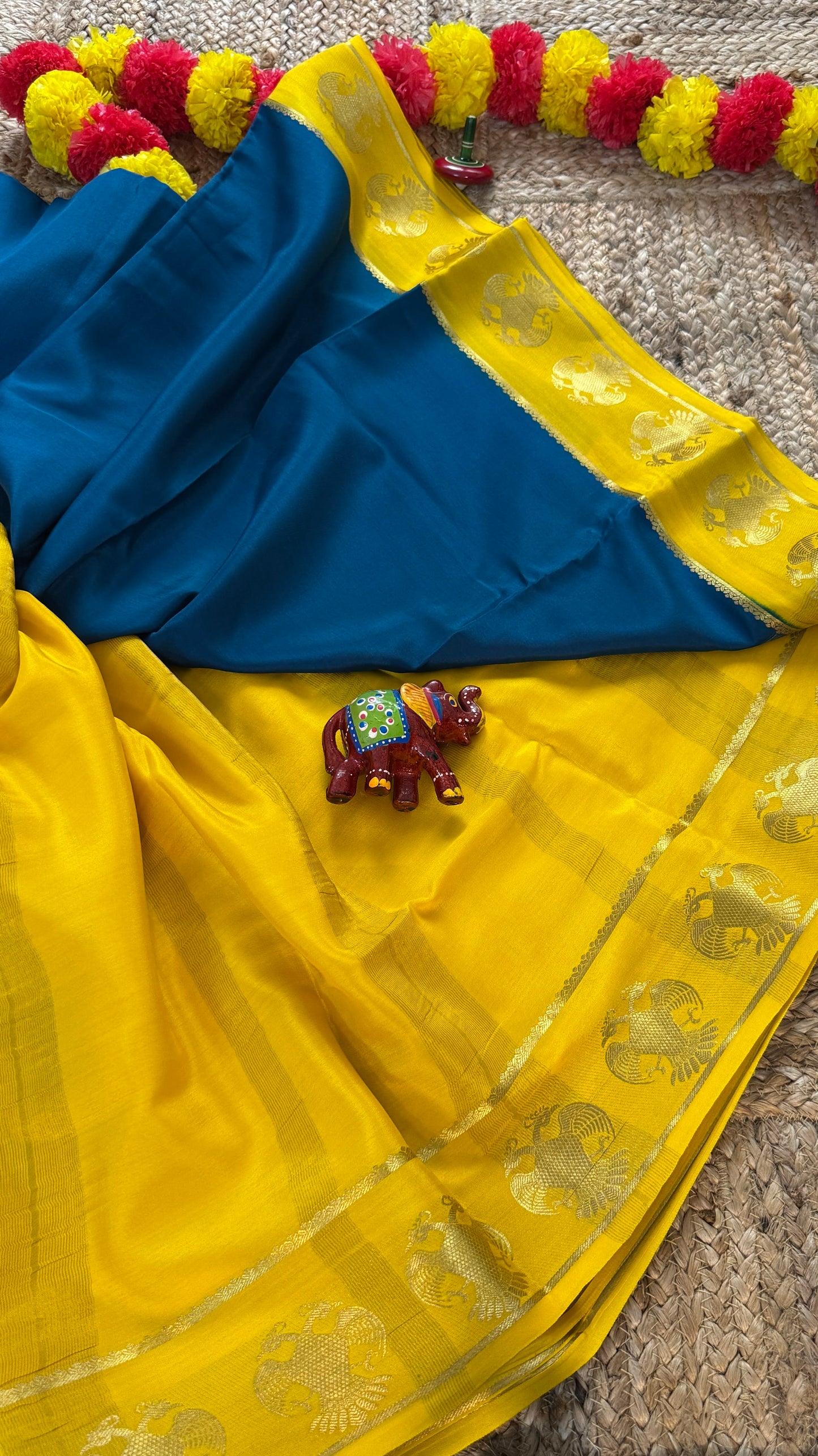 Pure Mysore Silk Saree - GandaBerunda Boarder Blue Yellow