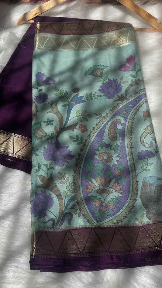 Kalamakari Purple & Sky Blue Silk Saree