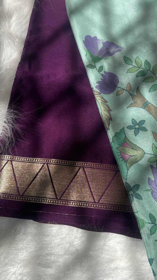 Kalamakari Purple & Sky Blue Silk Saree
