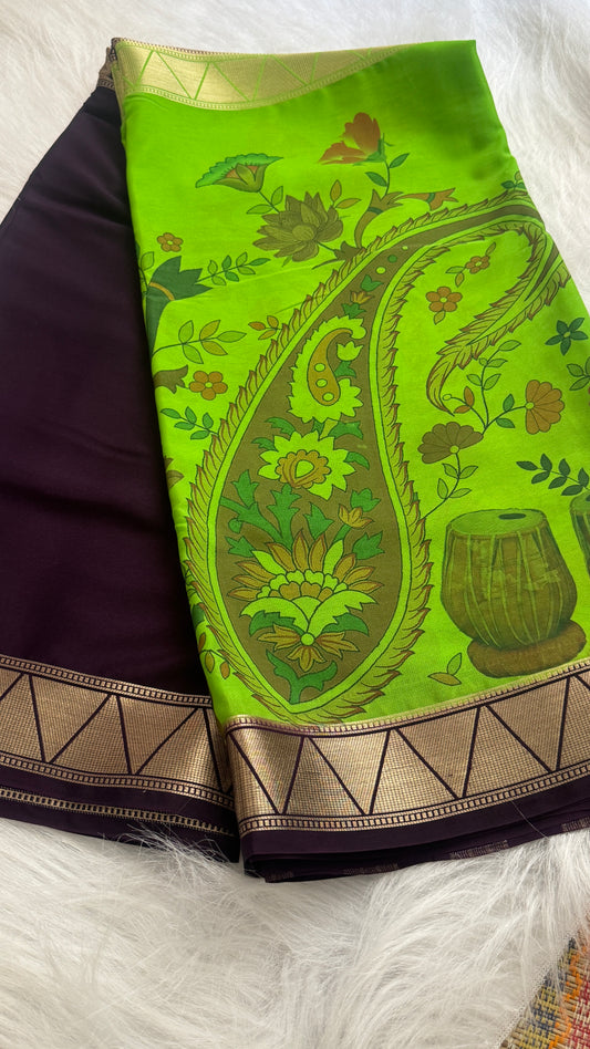 Kalamakari Purple & Neon Green Silk Saree