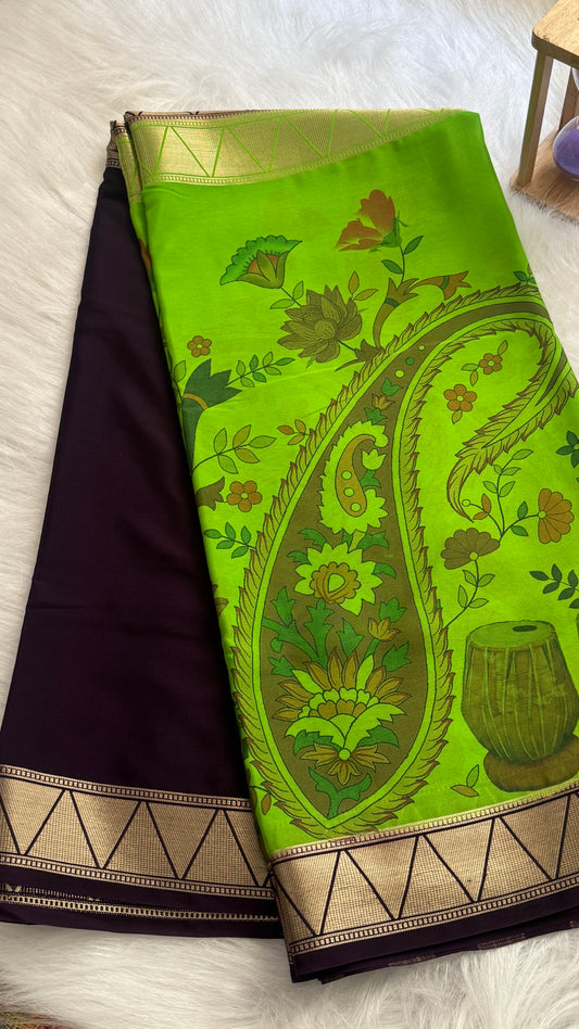 Kalamakari Purple & Neon Green Silk Saree