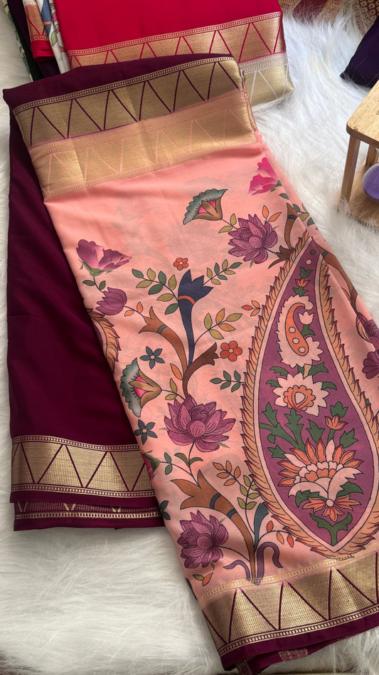 Kalamakari Wine & Baby Pink  Silk Saree