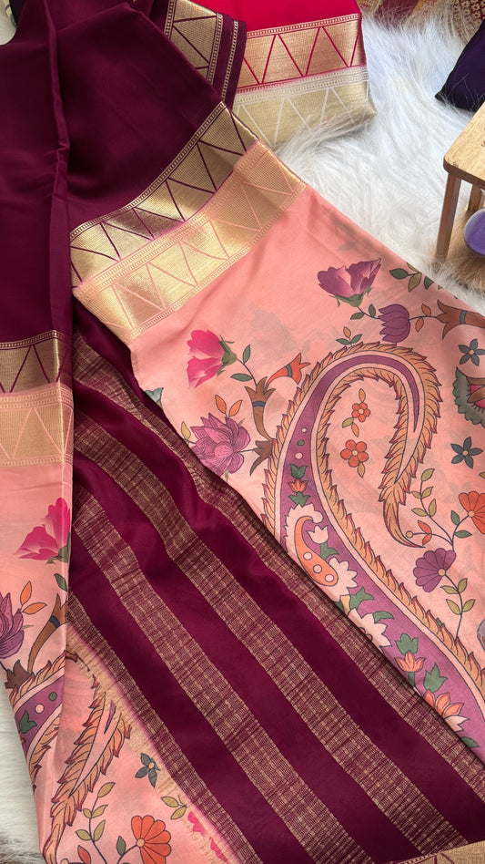 Kalamakari Wine & Baby Pink  Silk Saree