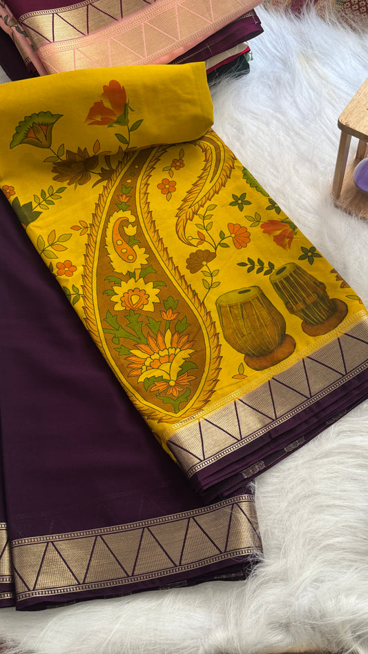 Kalamakari Purple + Mustard Crepe Silk Saree