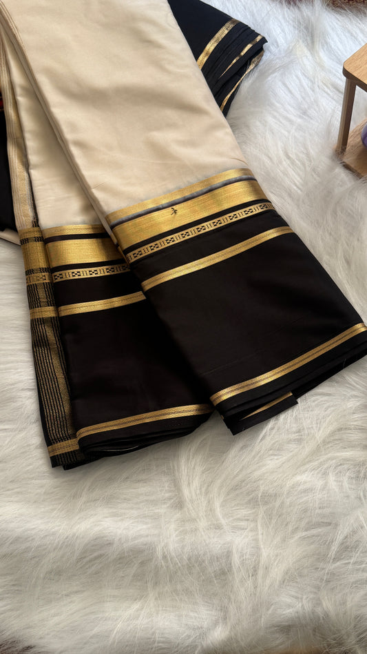 Semi Silk Saree - Bentex Boarder Off White & Black