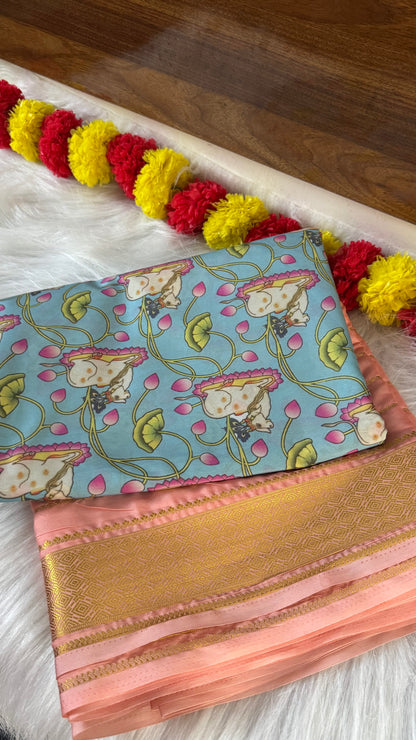 Pastels Digital Printed Saree - Peach + Blue