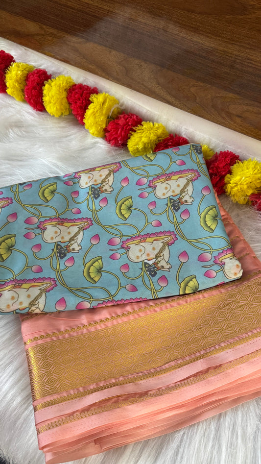 Pastels Digital Printed Saree - Peach + Blue