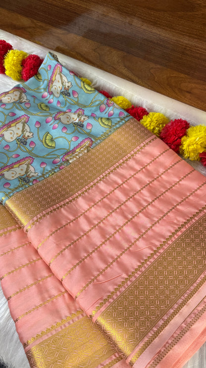 Pastels Digital Printed Saree - Peach + Blue