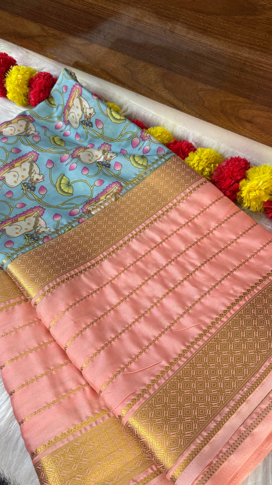 Pastels Digital Printed Saree - Peach + Blue