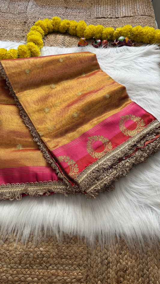 Banarasi Handloom Tissue Silk Saree Gold & Pink