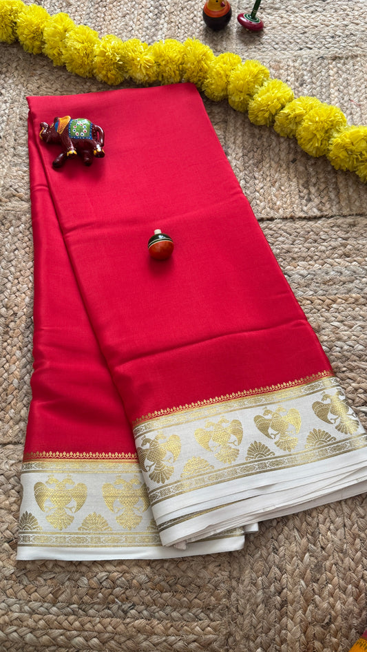 Pure Mysore Silk Saree - GandaBerunda Boarder Red and White