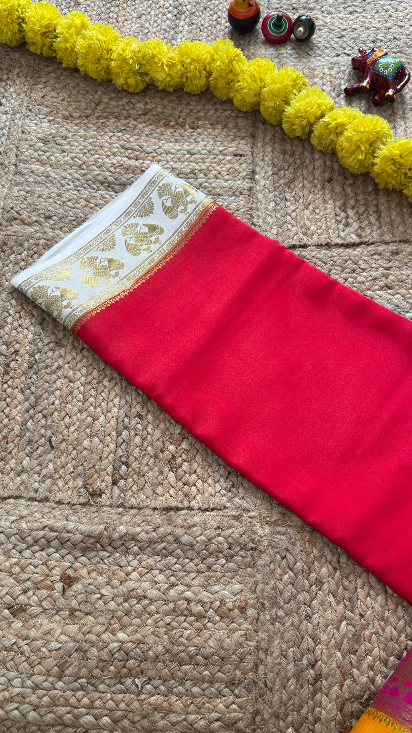 Pure Mysore Silk Saree - GandaBerunda Boarder Red and White