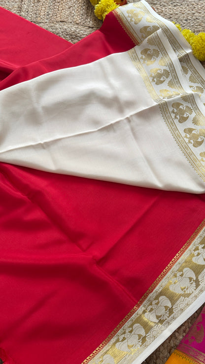 Pure Mysore Silk Saree - GandaBerunda Boarder Red and White