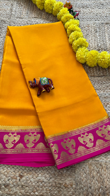 Pure Mysore Silk Saree - GandaBerunda Border Mustard Yellow Pink