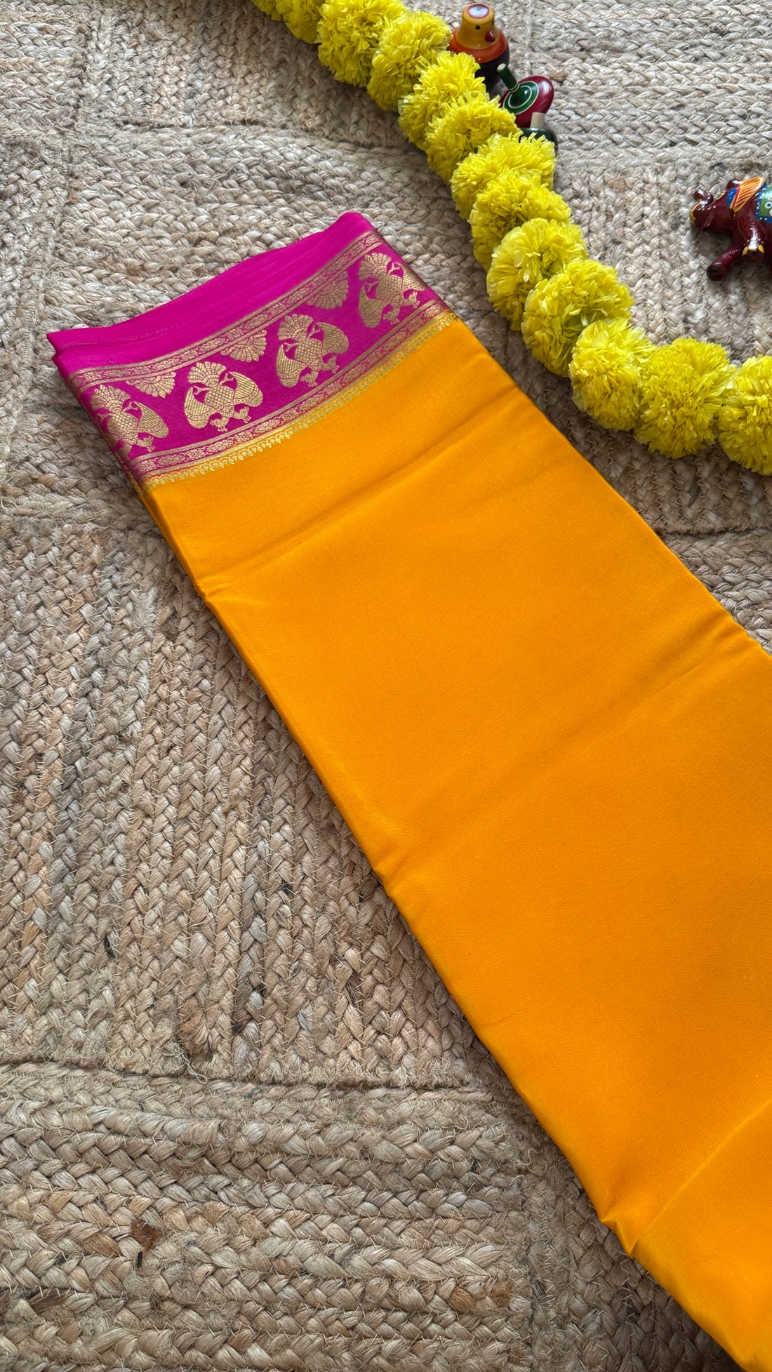 Pure Mysore Silk Saree - GandaBerunda Border Mustard Yellow Pink