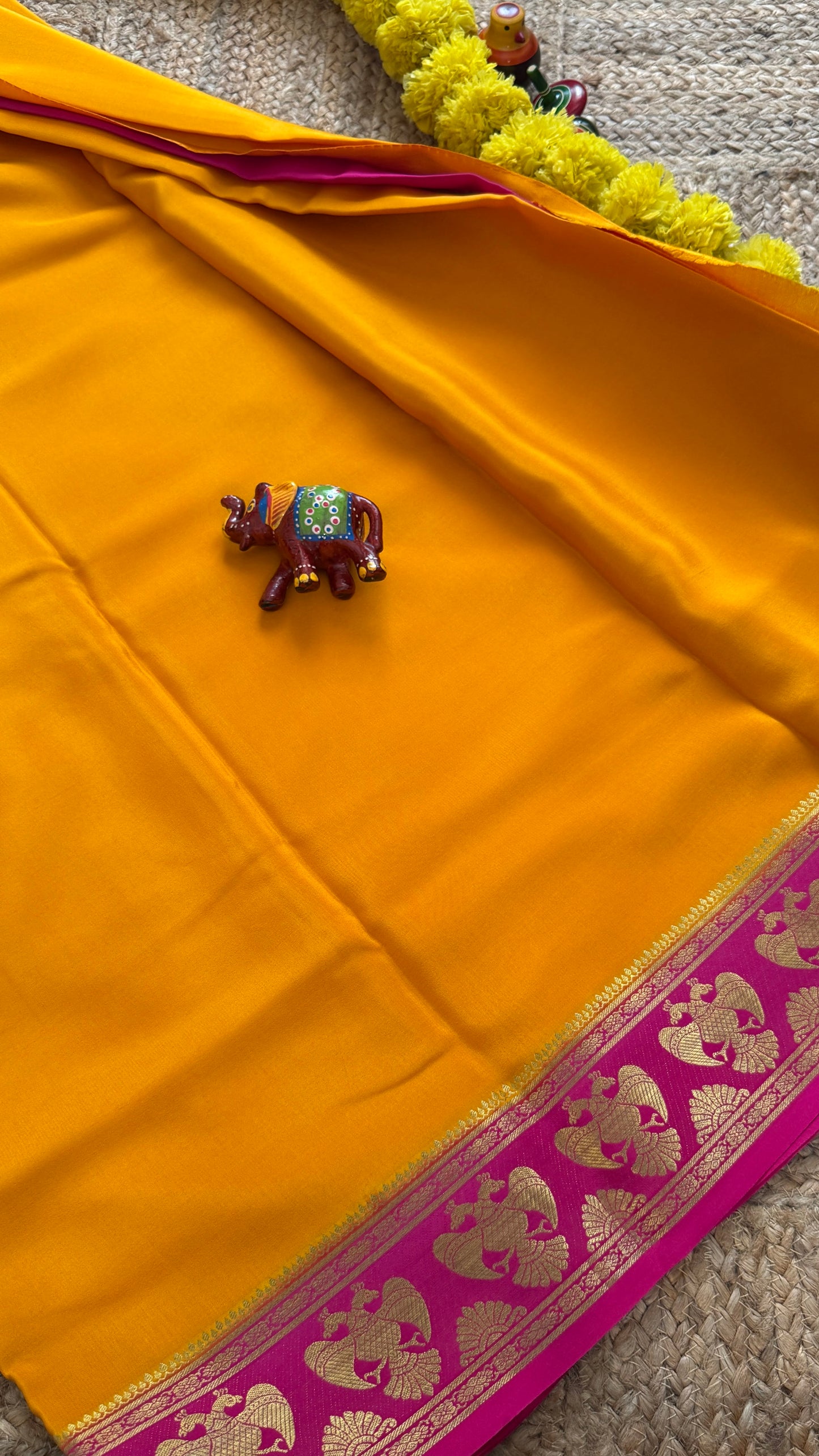 Pure Mysore Silk Saree - GandaBerunda Boarder Mustard Yellow Pink