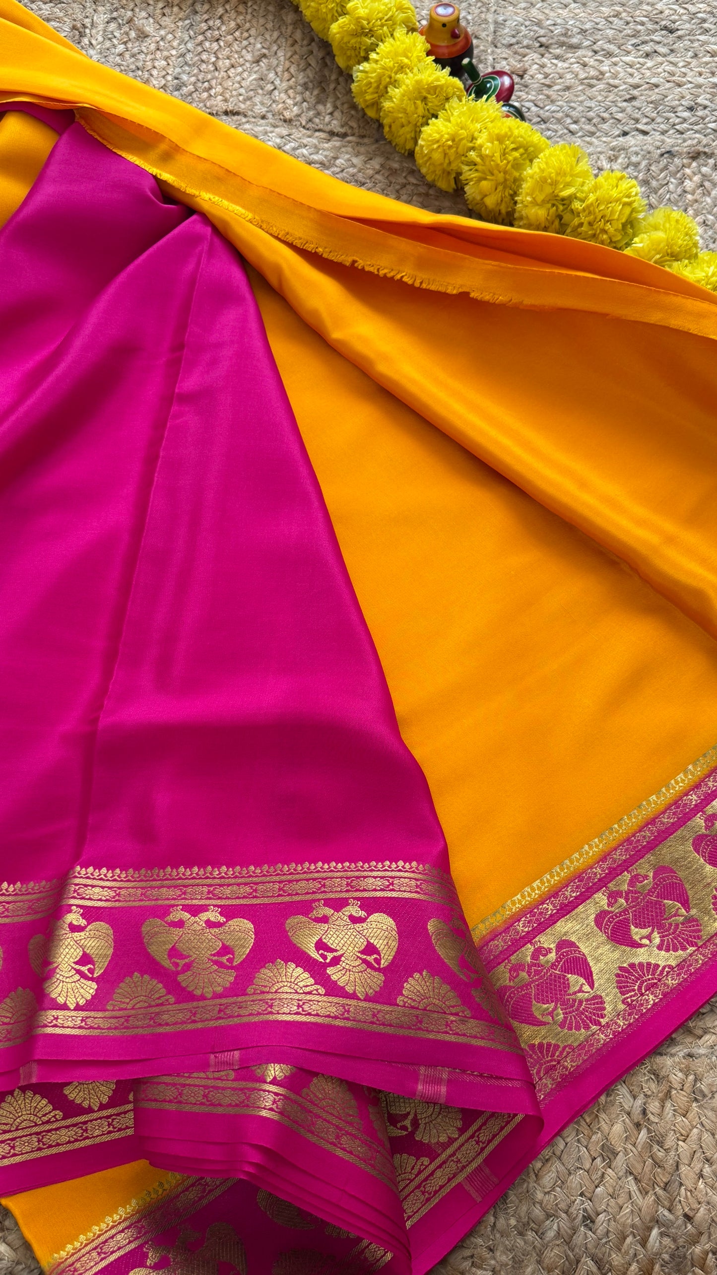 Pure Mysore Silk Saree - GandaBerunda Boarder Mustard Yellow Pink