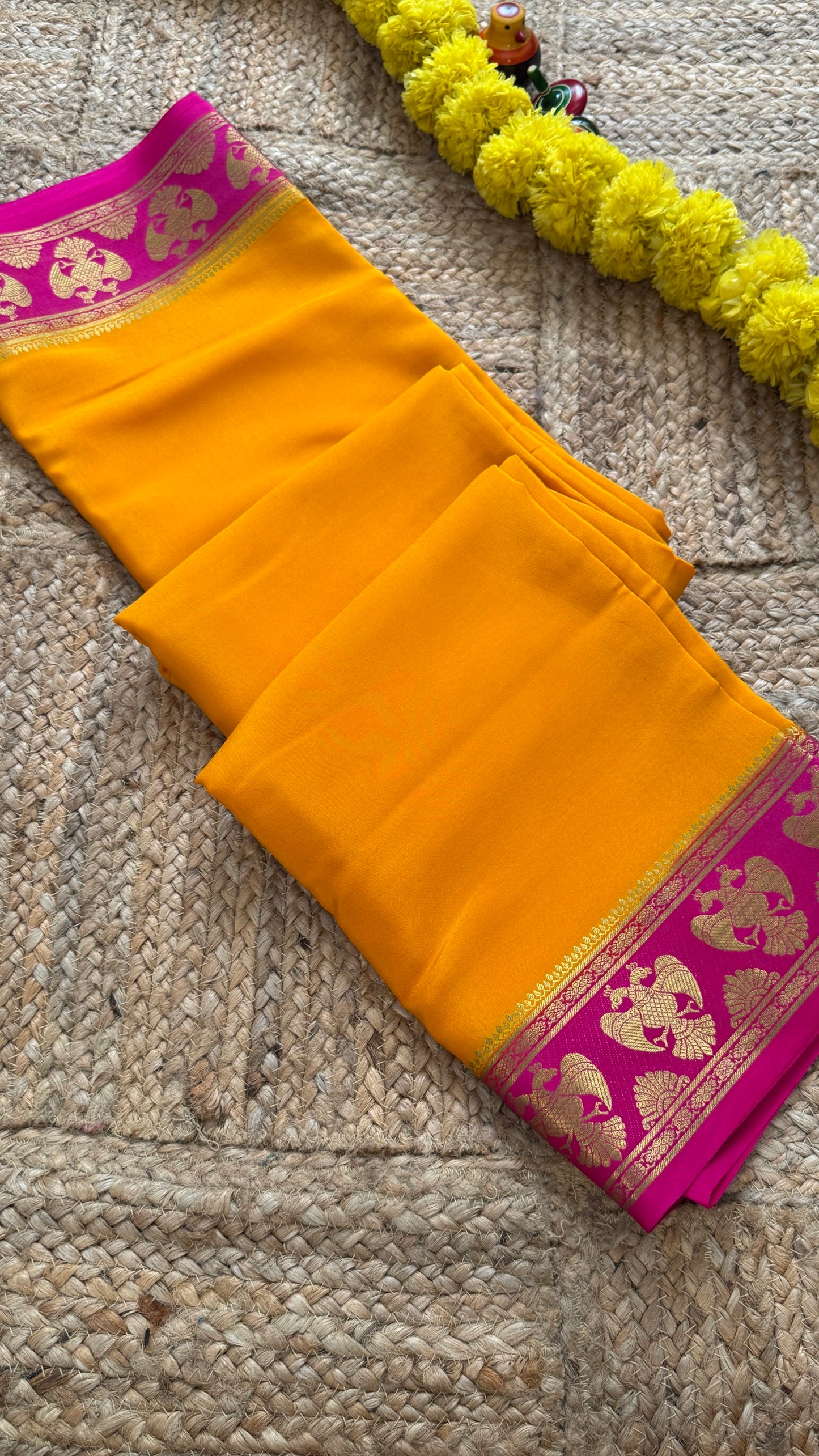 Pure Mysore Silk Saree - GandaBerunda Boarder Mustard Yellow Pink