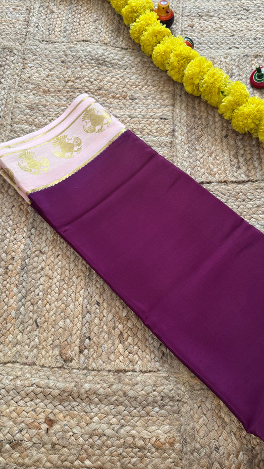 Pure Mysore Silk Saree - GandaBerunda Boarder Purple & Baby Pink