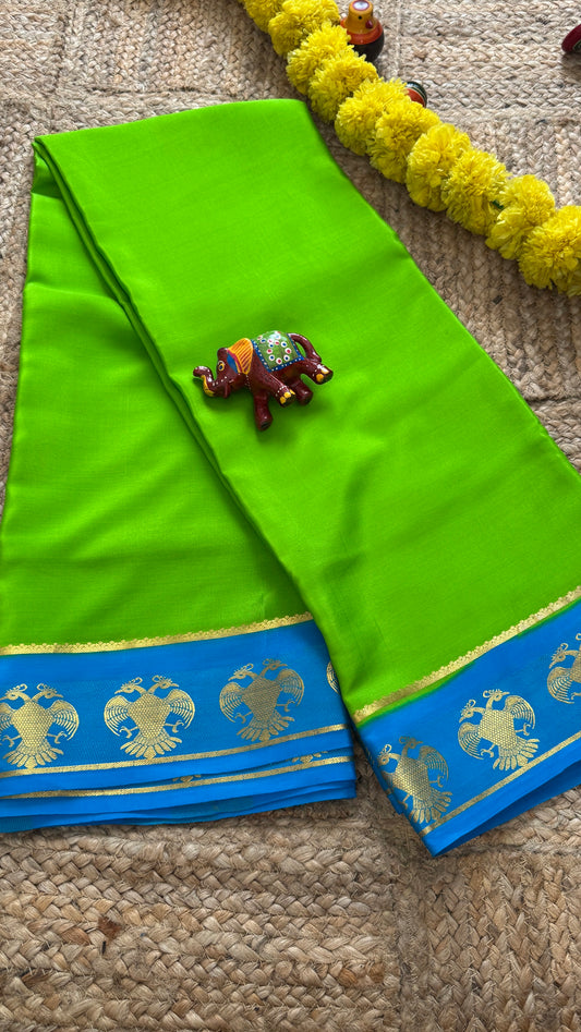 Pure Mysore Silk Saree - GandaBerunda Boarder Green and Blue