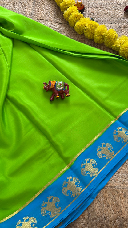Pure Mysore Silk Saree - GandaBerunda Boarder Green and Blue