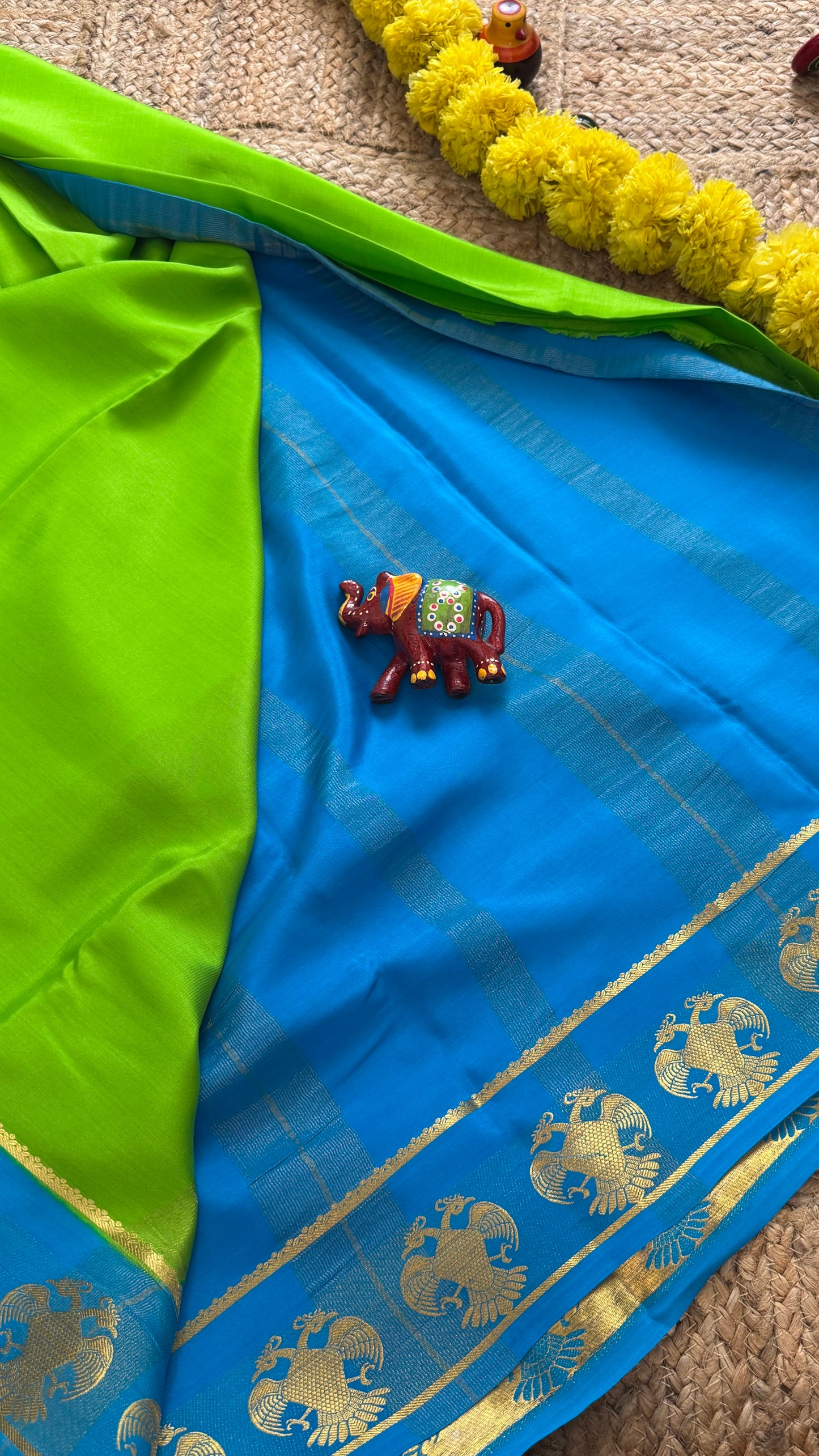 Pure Mysore Silk Saree - GandaBerunda Boarder Green and Blue