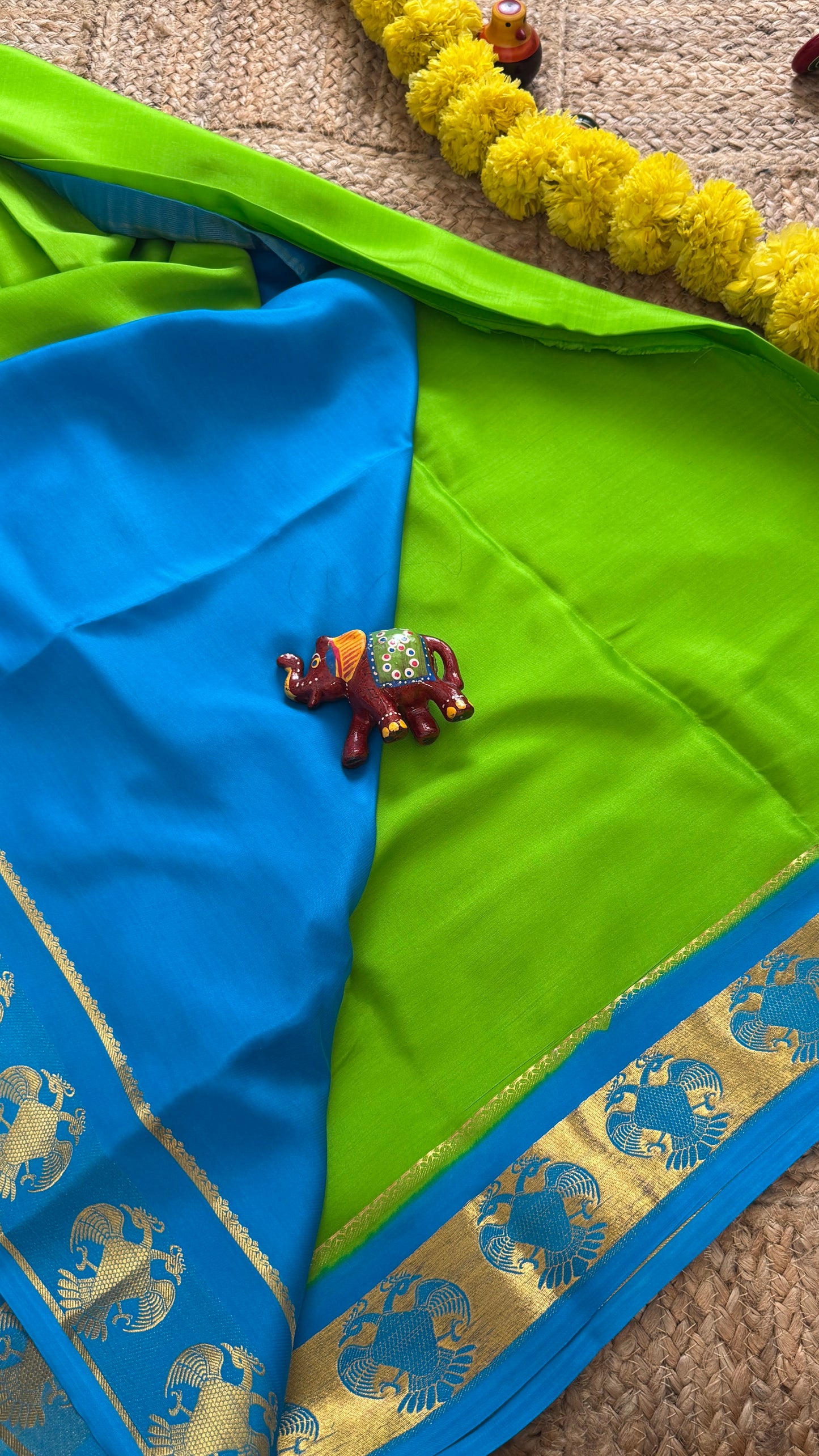 Pure Mysore Silk Saree - GandaBerunda Boarder Green and Blue
