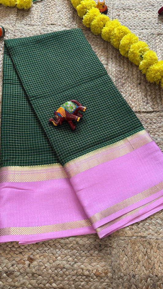 Pure Mysore Silk Sarees - Bespoke Drapes - Green and Baby Pink