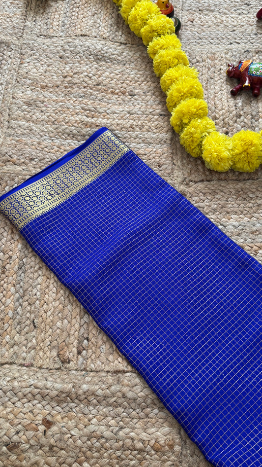 Pure Mysore Silk Sarees - Bespoke Drapes - Royal Blue Checkered