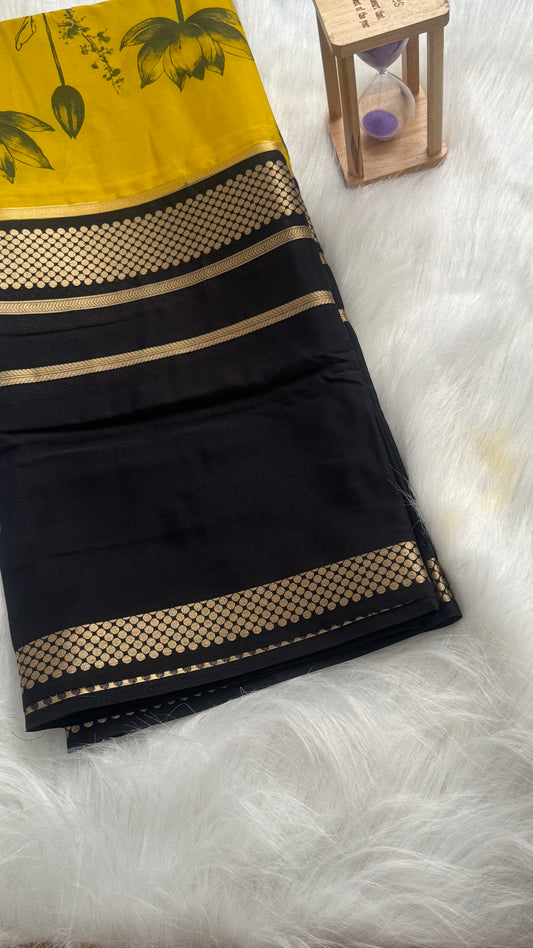 Crepe Kalamkari Print Mustard Yellow & Black Saree