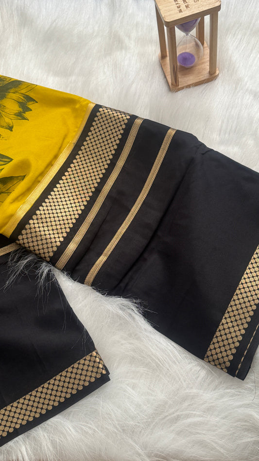 Crepe Kalamkari Print Mustard Yellow & Black Saree